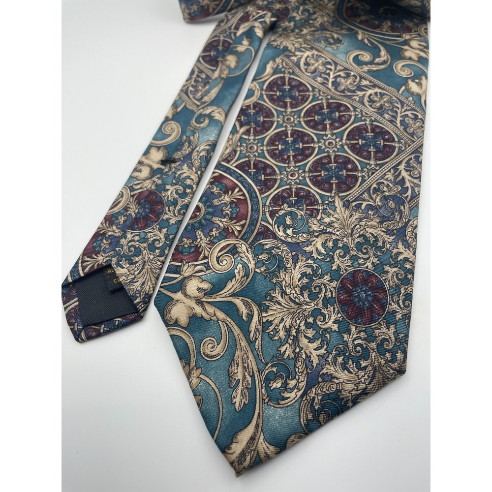 417 by Van Heusen Men's Silk Necktie Teal Gold Burgundy Baroque Pattern